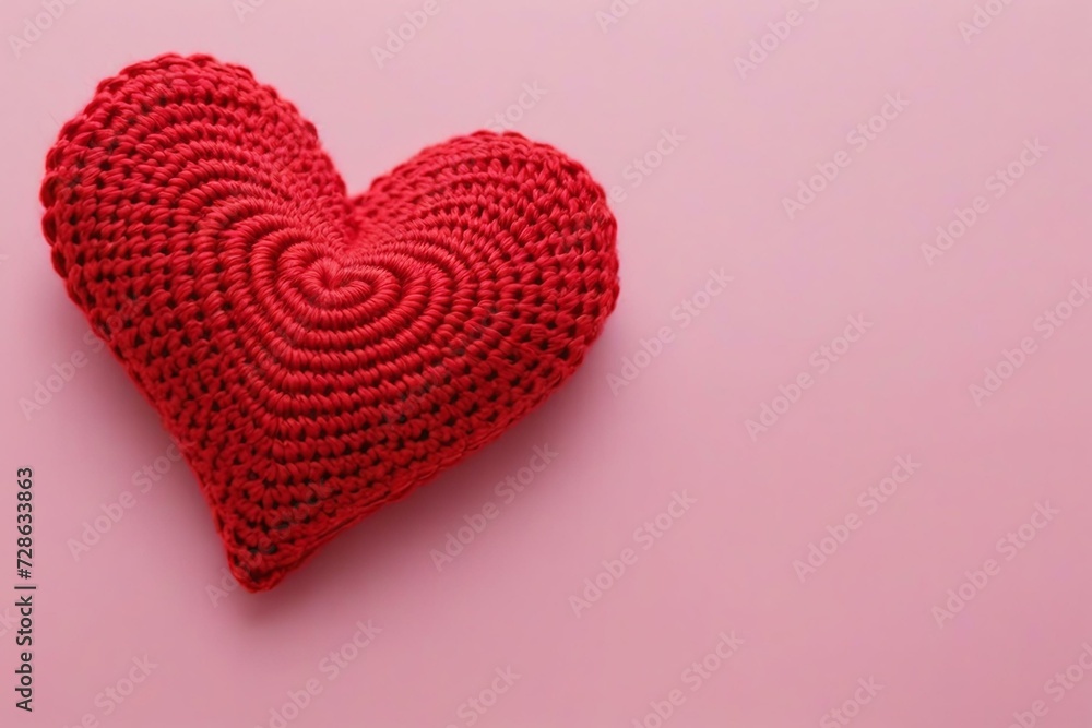 Stylish Minimalist Crochet Red Heart on Pink Background