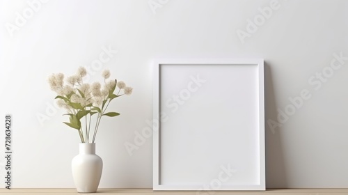 MINIMALISTIC MOCKUP OF A white frame, SUN-KISSED SCENE with a vase of wildflowers © Thuch
