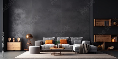 Living room interior with modular sofa, coffee table, armchair, carpet, pouf, dark wall and personal accessories. Home decor. Template.