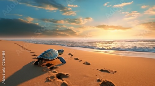 On the golden sand beach, a turtle is walking slowly, leaving a string of clear footprints, beauty light, 