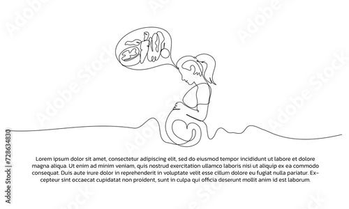 One continuous line design of pregnant women health nutrition. Single line decorative element drawn on white background.