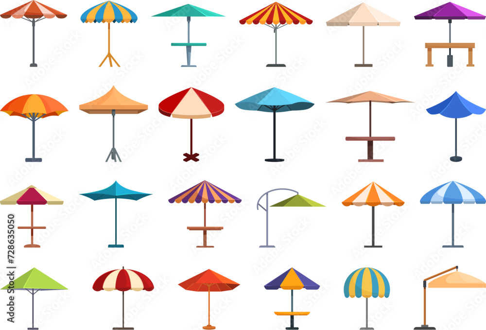 Outdoor cafe umbrella icons set cartoon vector. Street table design. Food court Outdoor cafe umbrella icons set cartoon vector. Street table design. Food court