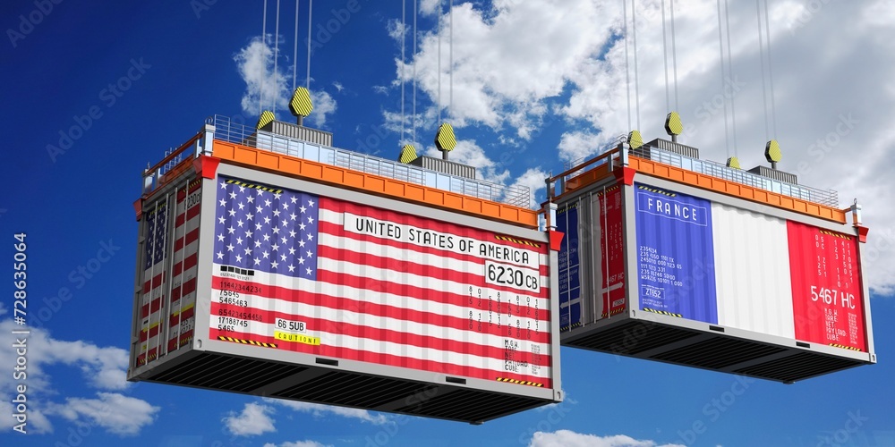 Shipping containers with flags of USA and France - 3D illustration