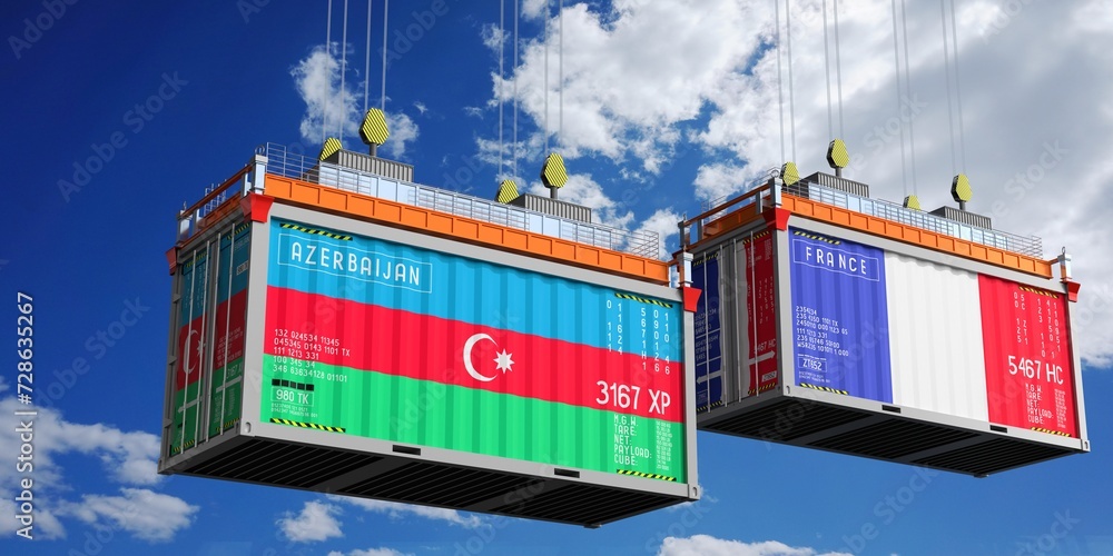 Shipping containers with flags of Azerbaijan and France - 3D illustration