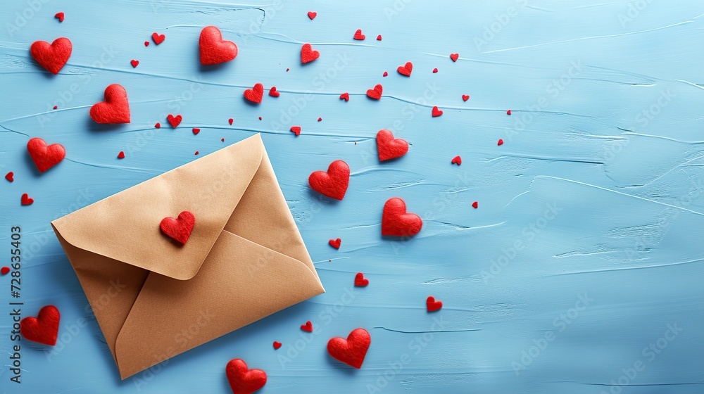 Valentine day greeting concept. Envelope and red hearts on blue background top view. copy space for text. Valentine day greeting concept. Envelope and red hearts on blue background top view. copy space for text.