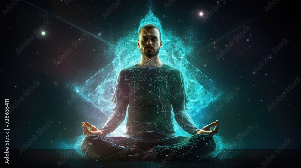 A 3d mesh universal glowing man sitting lotus pose with a dark starry sky behind him, sitting in space, A 3d mesh universal glowing man sitting lotus pose with a dark starry sky behind him, sitting in space,