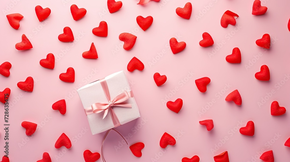 Valentine or Mother day festive border composition with gift or present box and many red hearts on pastel pink background top view.. Valentine or Mother day festive border composition with gift or present box and many red hearts on pastel pink background top view..