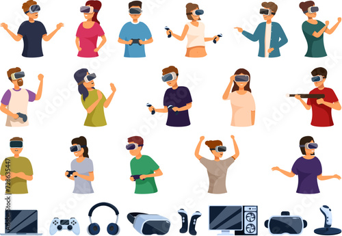 Video game virtual reality icons set cartoon vector. Vr headset. Augmented reality