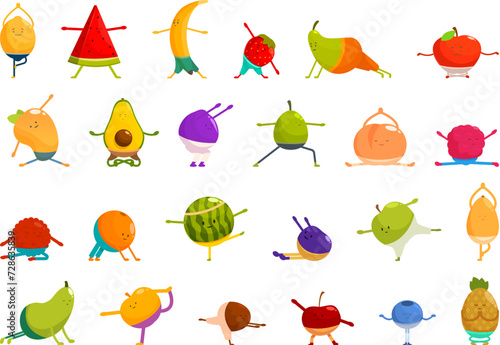 Fruit yoga icons set cartoon vector. Funny characters meditates. Fitness exercises