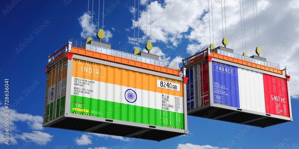 Shipping containers with flags of India and France - 3D illustration