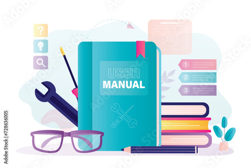 User manual book or textbook for find answers. Concept of user guide, Q and A. FAQ and instructions, professional guide. Giant book and various tools.