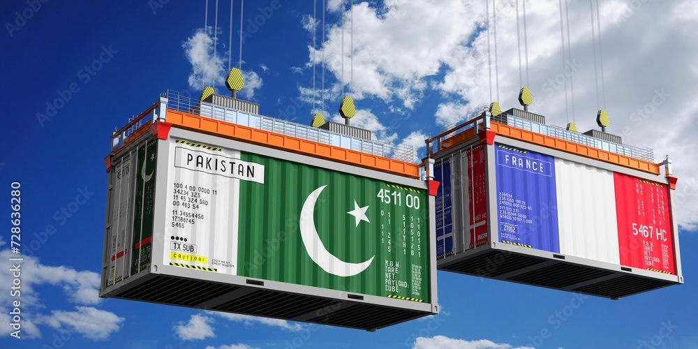 Shipping containers with flags of Pakistan and France - 3D illustration