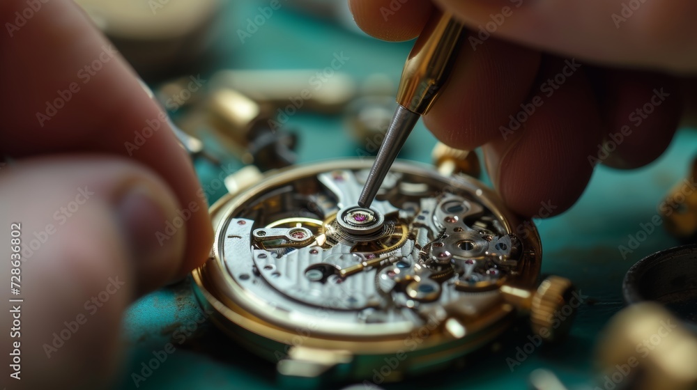 Close-up of a watchmaker's precise handwork while repairing a sophisticated mechanical timepiece.