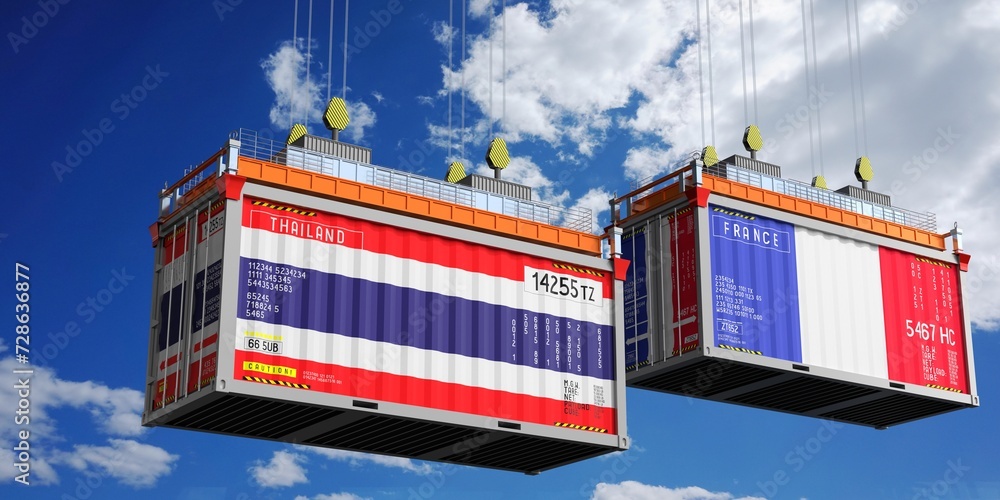 Shipping containers with flags of Thailand and France - 3D illustration