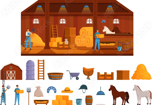 Farm stable icons set cartoon vector. Barn floor interior. Wooden ranch