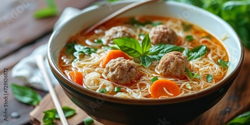 Soup made with vermicelli, vegetables and meatballs, Generative AI