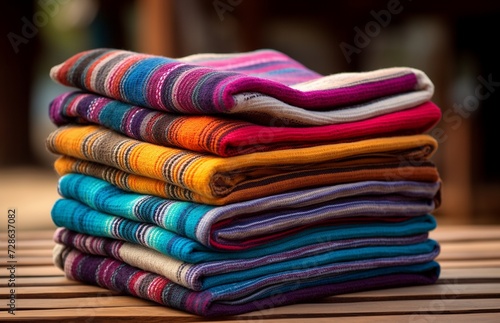 Stack of colorful clothes for sale at a market. 