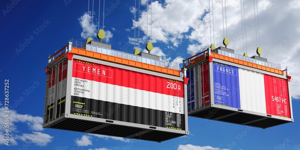 Shipping containers with flags of Yemen and France - 3D illustration