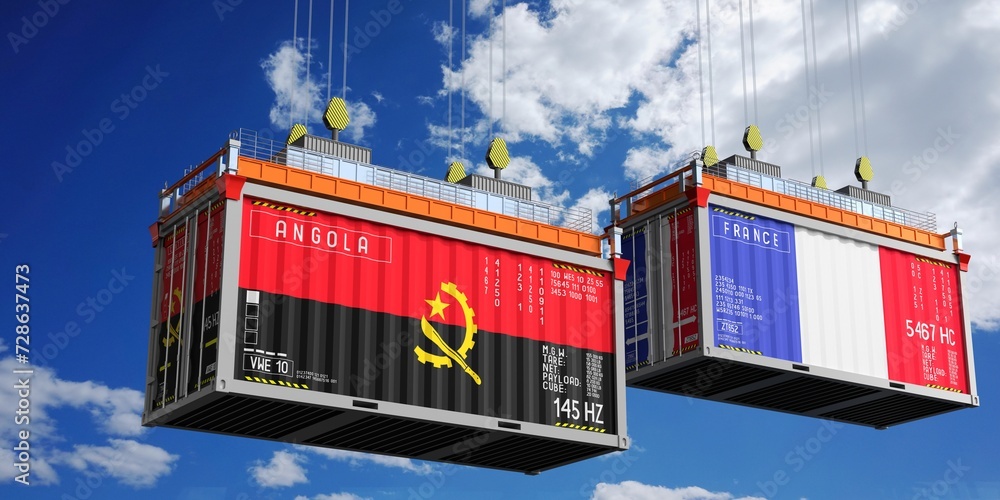 Shipping containers with flags of Angola and France - 3D illustration