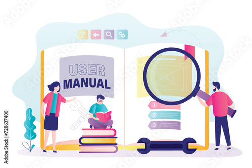 Customers find answers. Business people or students reading user manual or textbooks. Giant opened book. Concept of user guide, Q and A. FAQ and instructions