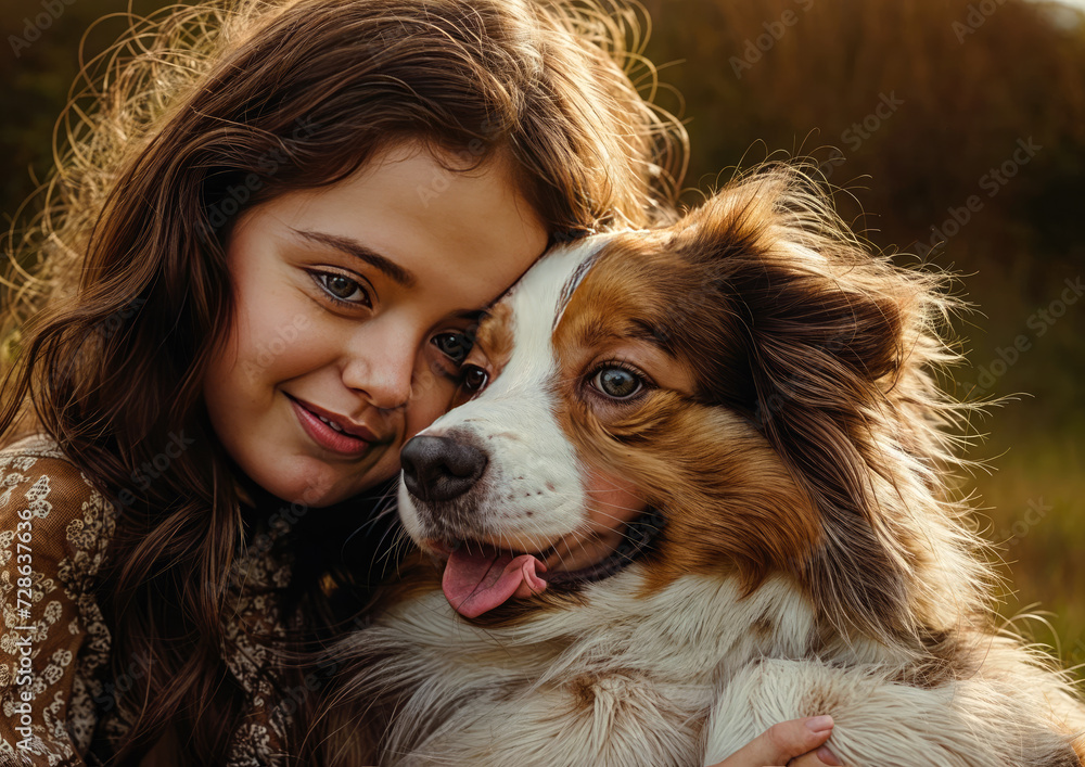 Portrait of a smiling girl with her dog in the park.
