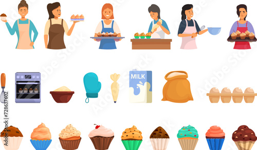 Woman cupcakes icons set cartoon vector. Female sweet food. Accident kitchen