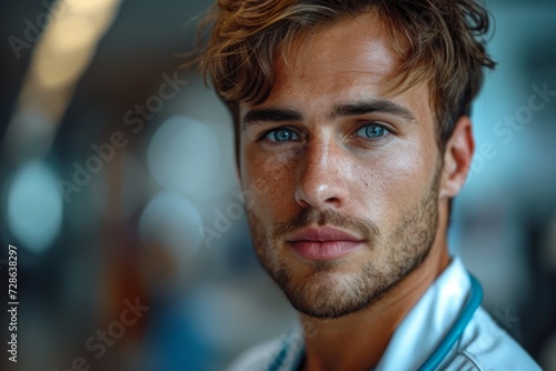 Close-up of a young male doctor with striking blue eyes