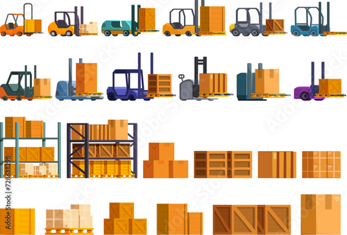 Forklift holding box icons set cartoon vector. Warehouse worker. Cardboard storage