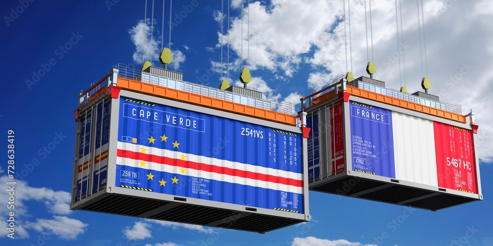 Shipping containers with flags of Cape Verde and France - 3D illustration