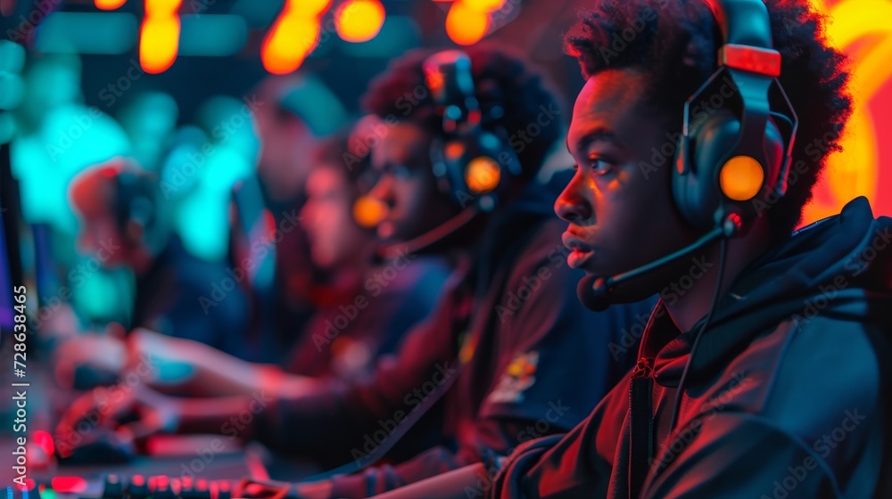 Intense concentration of a pro gamer during an esports tournament with vibrant lighting. - obrazy, fototapety, plakaty 