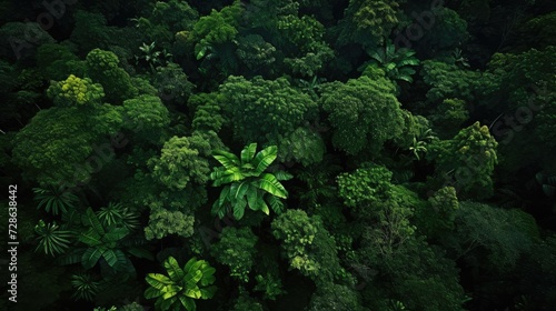 From a bird's eye view, we can see a green forest with many different kinds of trees and plants © Thuch