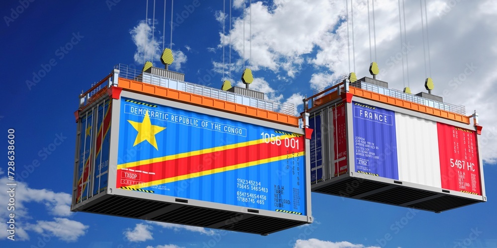 Shipping containers with flags of Democratic Republic of the Congo and France - 3D illustration