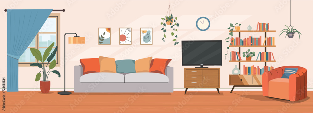Living room interior. Comfortable sofa, TV, window, chair and house plants. Vector flat illustration Living room interior. Comfortable sofa, TV, window, chair and house plants. Vector flat illustration