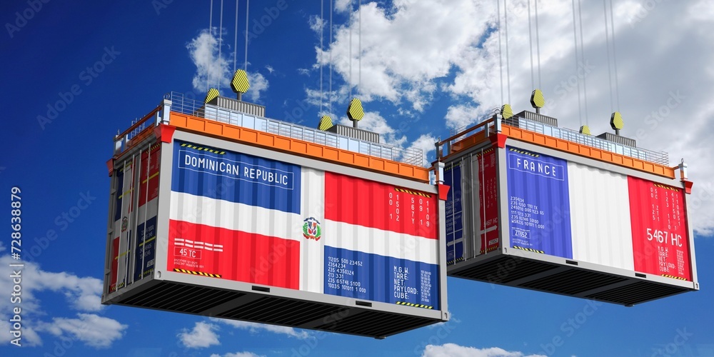 Shipping containers with flags of Dominican Republic and France - 3D illustration
