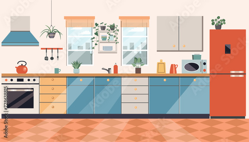 Kitchen interior cozy home food cooking and dining room poster vector flat illustration © lyudinka