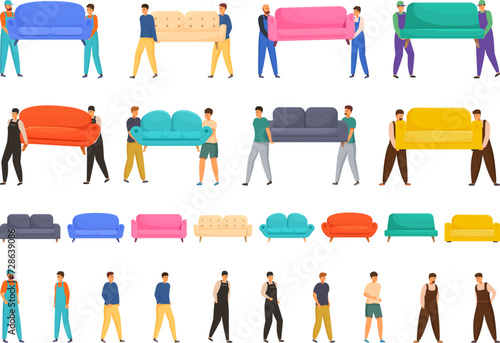 Men carrying sofa icons set cartoon vector. Worker moving. House furniture