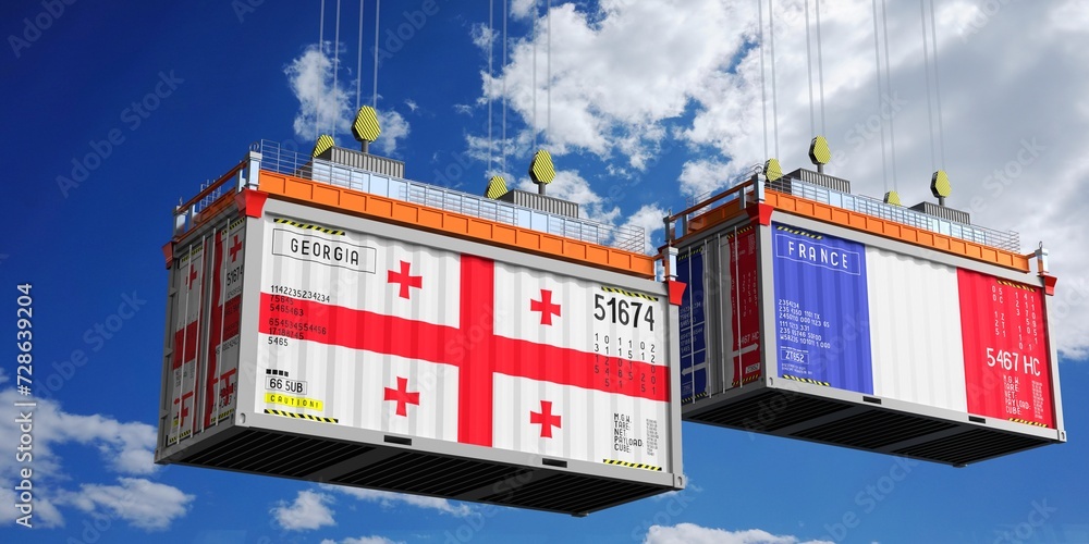 Shipping containers with flags of Georgia and France - 3D illustration Shipping containers with flags of Georgia and France - 3D illustration