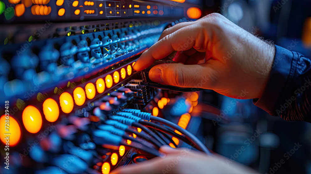 Close-up of a network engineer's hands plugging in cables to a server, focusing on network connectivity and maintenance.
Close-up of a network engineer's hands plugging in cables to a server, focusing on network connectivity and maintenance.