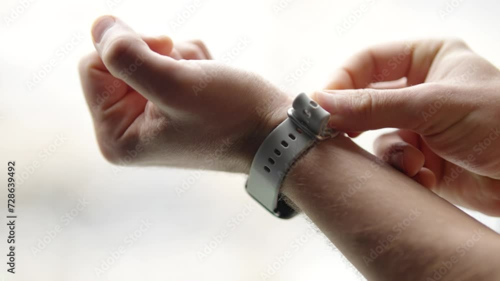 Man's accessories and dressing . Smart watch . Man fastens watch on wrist Man's accessories and dressing . Smart watch . Man fastens watch on wrist