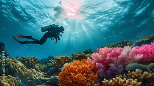 Scuba diver descending into the depths of a vibrant coral reef illuminated by sunlight filtering through water. photo
