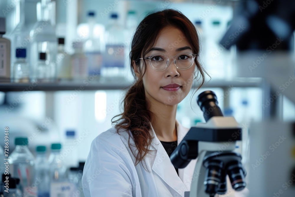 A determined woman in a lab coat conducts groundbreaking research, surrounded by scientific instruments and medical equipment in a bustling laboratory A determined woman in a lab coat conducts groundbreaking research, surrounded by scientific instruments and medical equipment in a bustling laboratory