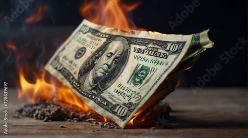 Burning hundred dollar bill. Soft focus. The concept of inflation, crisis