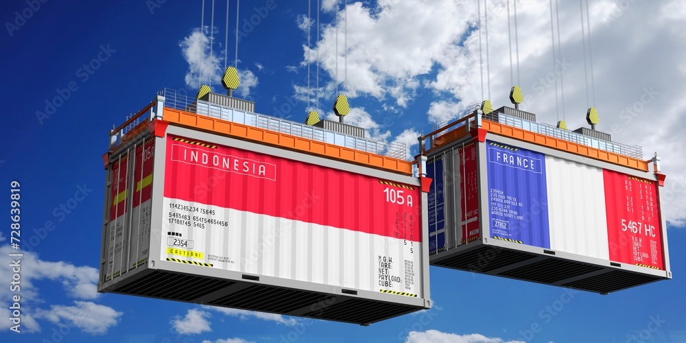 Shipping containers with flags of Indonesia and France - 3D illustration Shipping containers with flags of Indonesia and France - 3D illustration