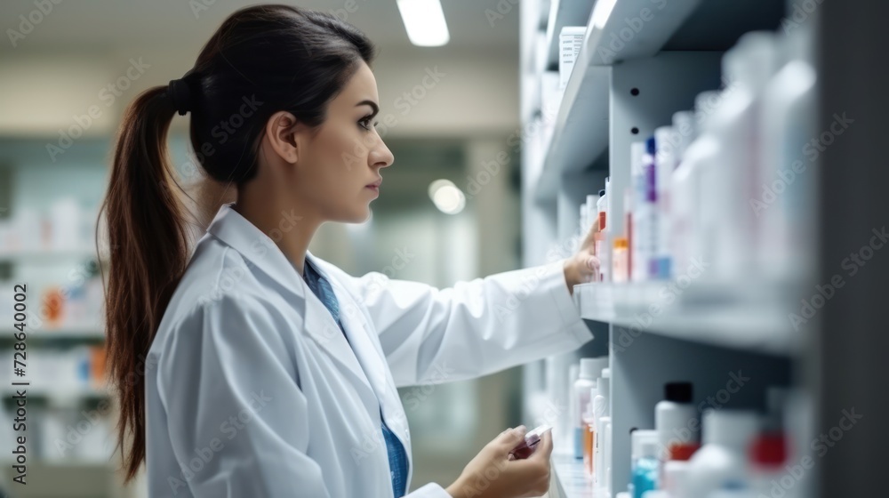 Woman pharmacist in pharmacy reaching for drugs from the shelf, Woman pharmacist in pharmacy reaching for drugs from the shelf,