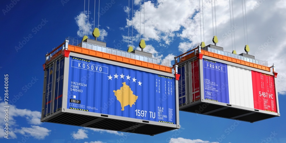 Shipping containers with flags of Kosovo and France - 3D illustration