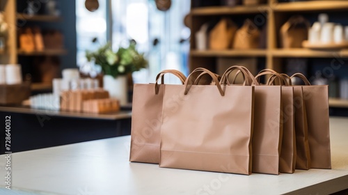 Photograph kraft paper shopping bags on the counter of a men's fashion boutique
