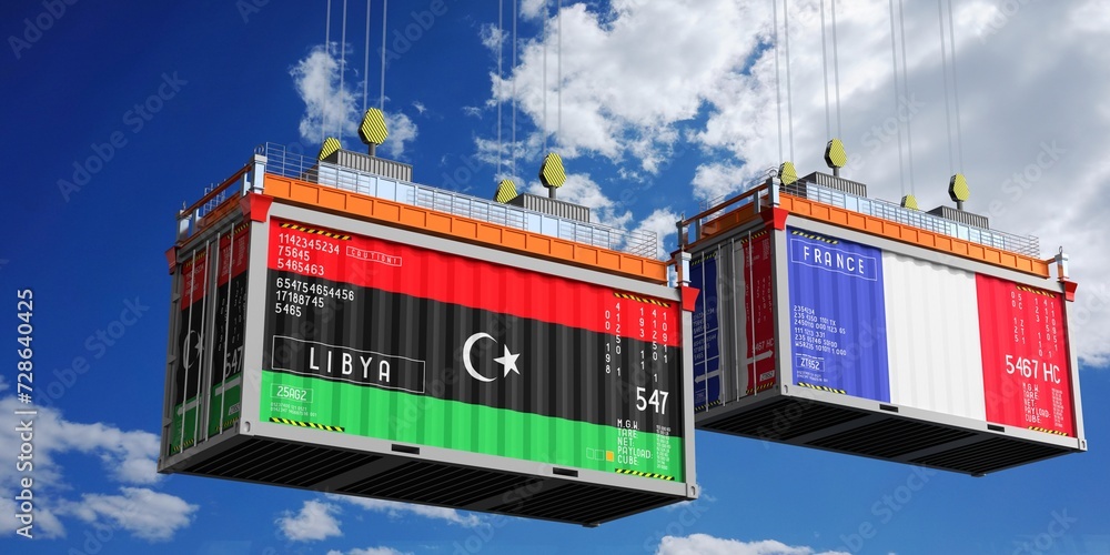Shipping containers with flags of Libya and France - 3D illustration