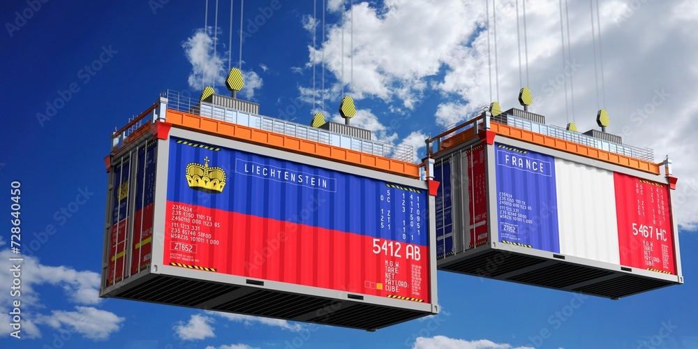 Shipping containers with flags of Liechtenstein and France - 3D illustration Shipping containers with flags of Liechtenstein and France - 3D illustration