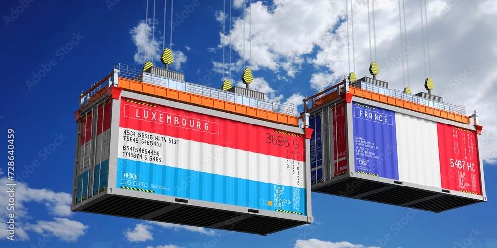 Shipping containers with flags of Luxembourg and France - 3D illustration