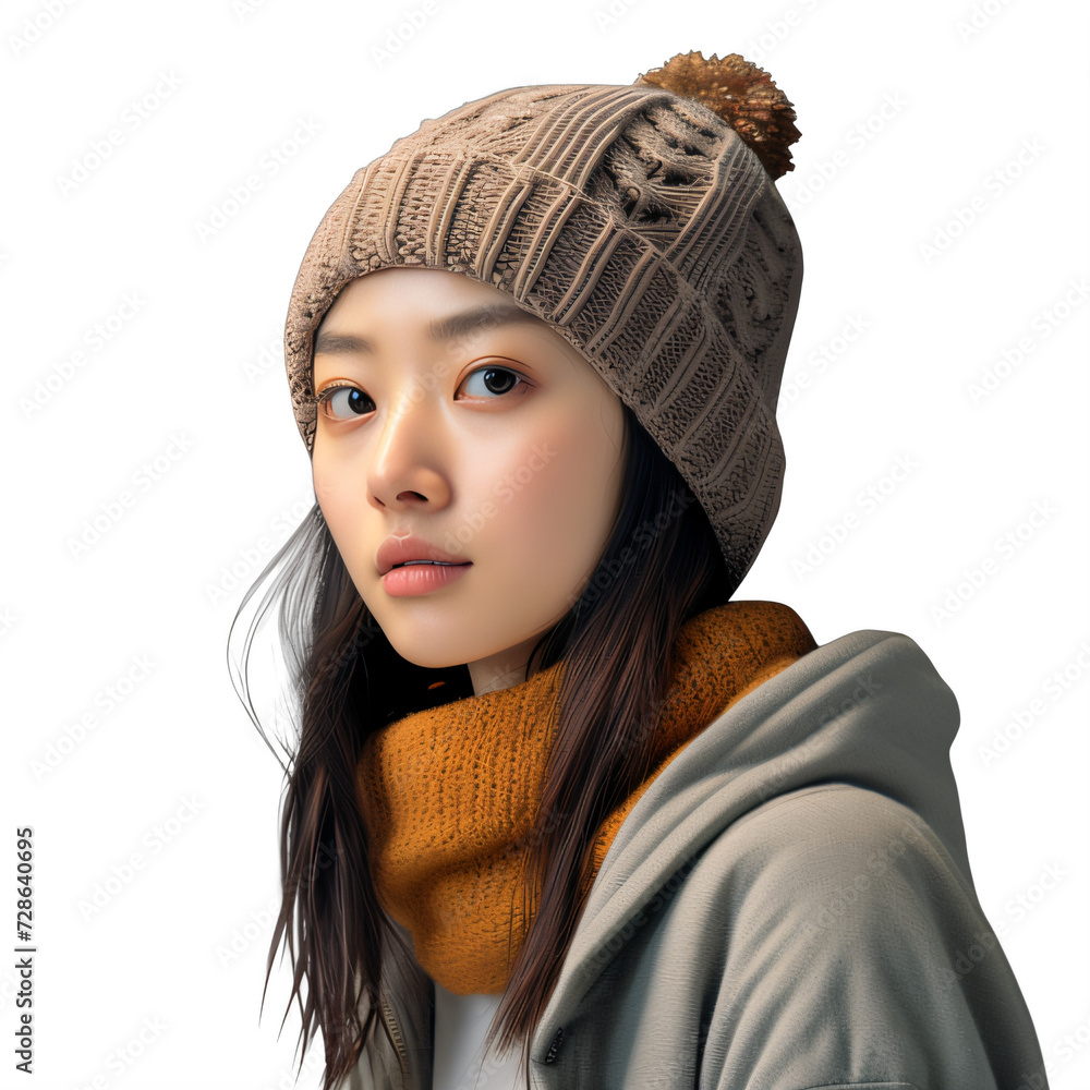 asian woman wearing brown beanie hat and scarf on a transparent background png isolated asian woman wearing brown beanie hat and scarf on a transparent background png isolated